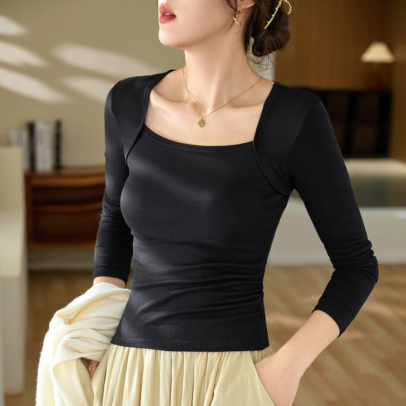 #Excellent choice #Temperament vest square collar T-shirt women's long-sleeved 2026 autumn clothes new tight bottoming shirt top