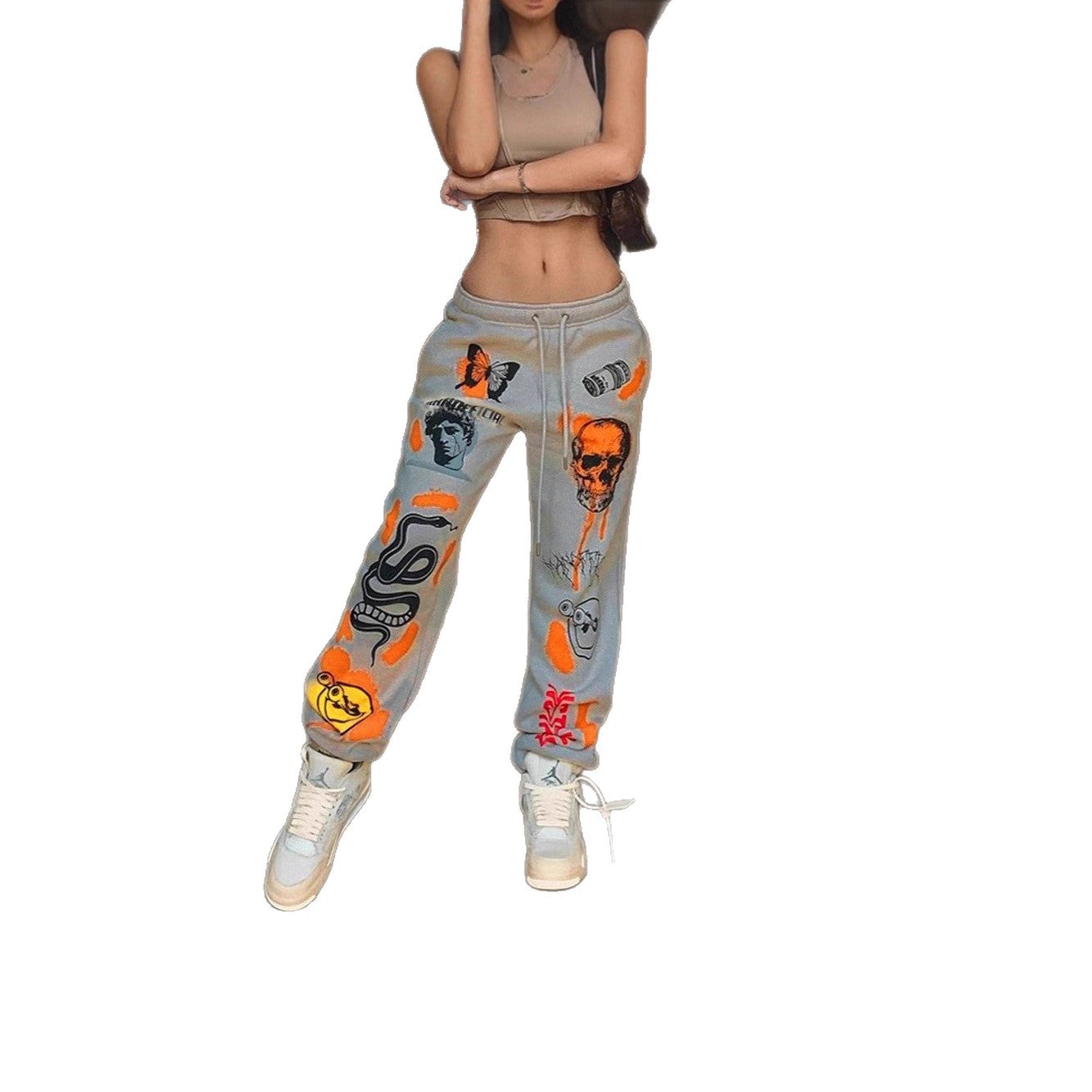 2025 cross-border European and American women's clothing new kuzi skull elements trend printing velvet high-waisted casual trousers