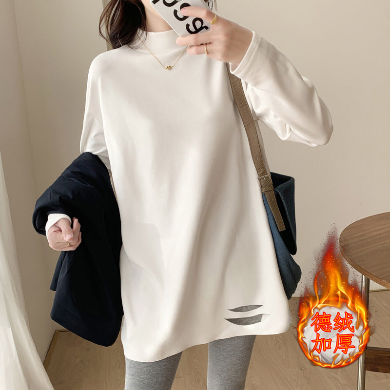 Medium and long loose German velvet white long-sleeved butt-covering t-shirt semi-turtleneck bottoming shirt women's velvet ripped clothes
