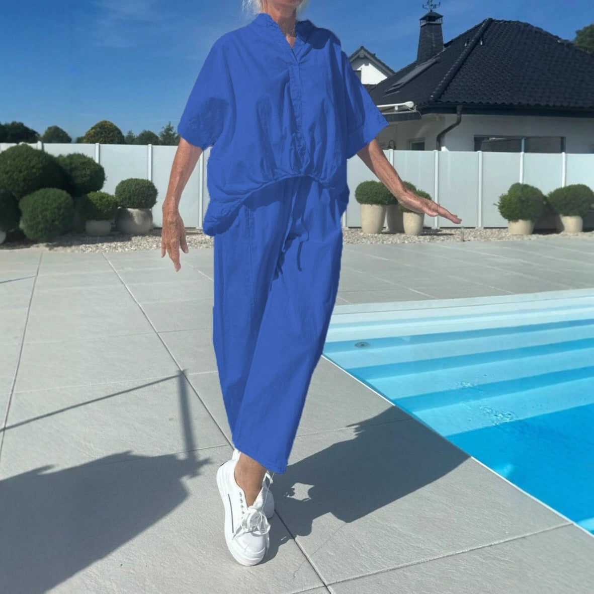 2025 summer new European and American cross-border Amazon simple solid color lapel short-sleeved fashion casual shirt set