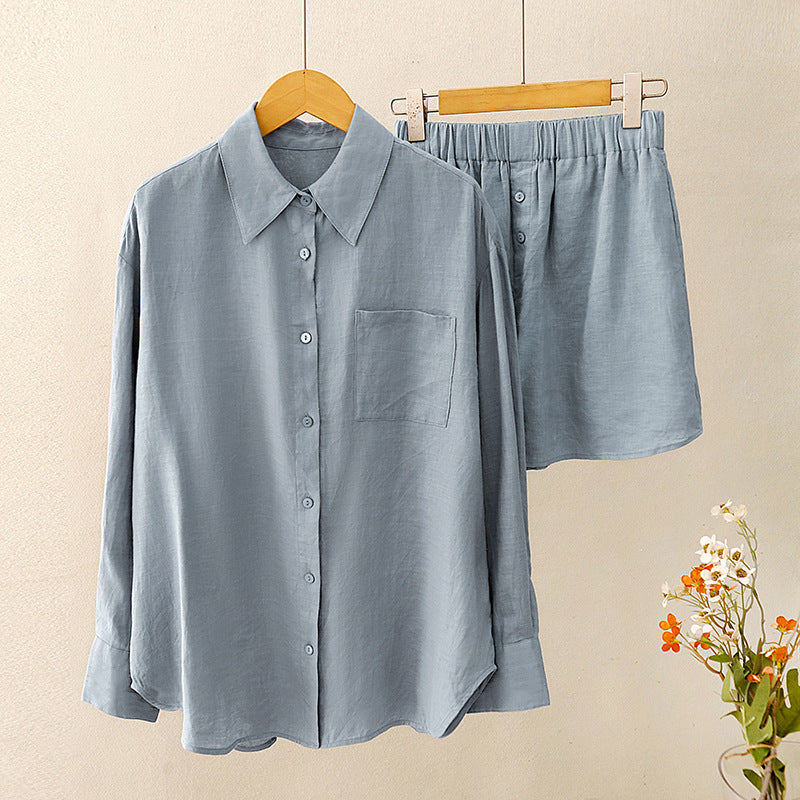 Real shot 2025 summer new shirt women's slack sunscreen shirt + shorts two-piece set women's