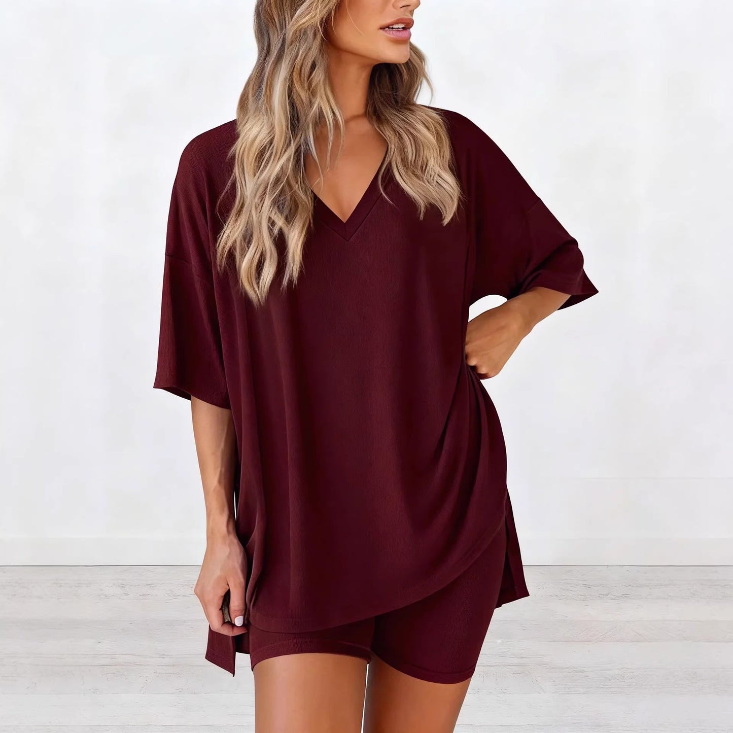 2026 spring and summer new cross-border European and American foreign trade fashion casual V-neck solid color loose short-sleeved suit