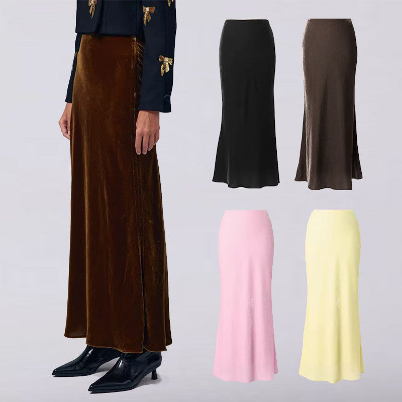 2025 autumn and winter new silk velvet long half-body elastic waist split French 45 ° oblique cut fishtail A-shaped skirt