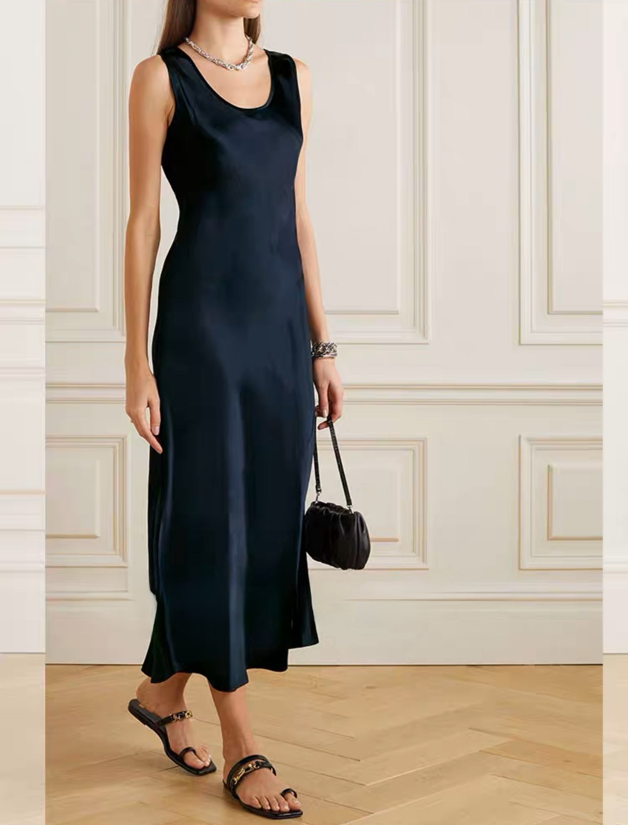 Oblique cut 100% acetic acid pleated silk A-word vest dress women's autumn small satin sleeveless vest long dress