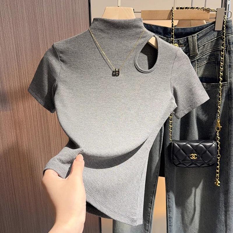 High sense inner white semi-turtleneck short-sleeved t-shirt women's 2025 new summer hollow-knit front shoulder top trendy