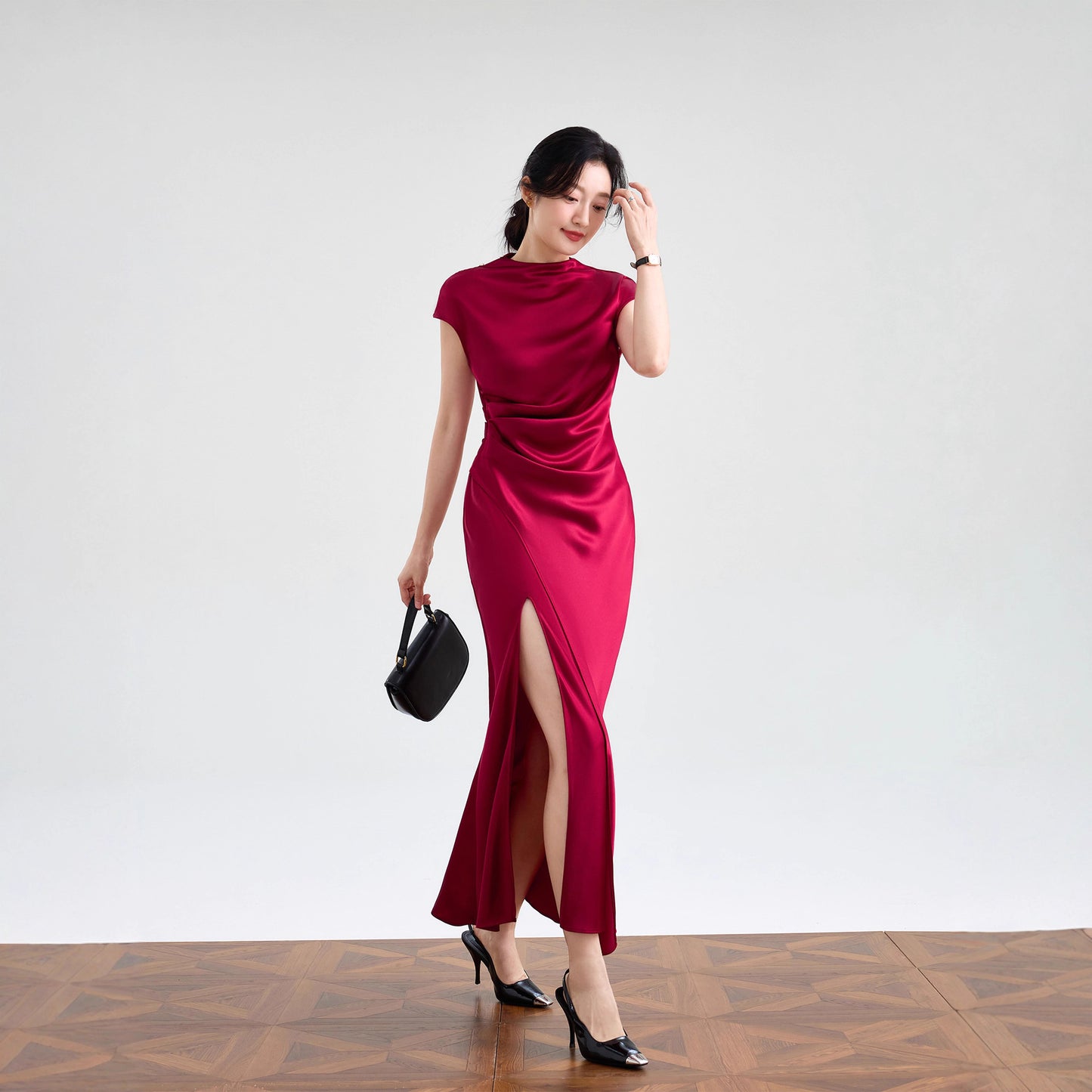 Haute couture imported acetic acid, pure desire style semi-turtleneck satin dress temperament thin split fork fish tail long dress French