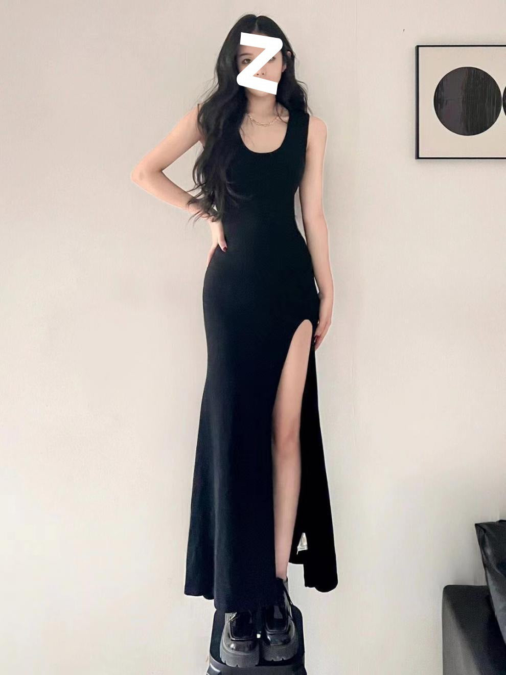 Black royal sister style sexy suspender dress women's new summer design slim slit hip length skirt