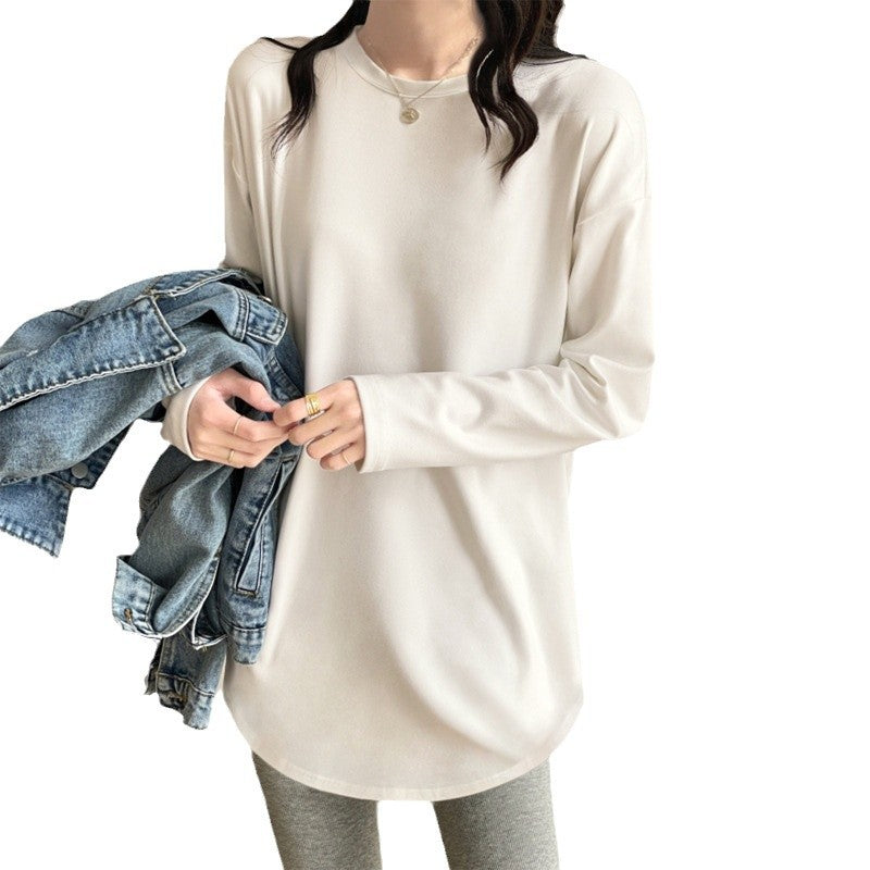 White velvet thickened bottoming shirt for women's autumn and winter long butt cover loose U-shaped hem with long-sleeved T-shirt tide