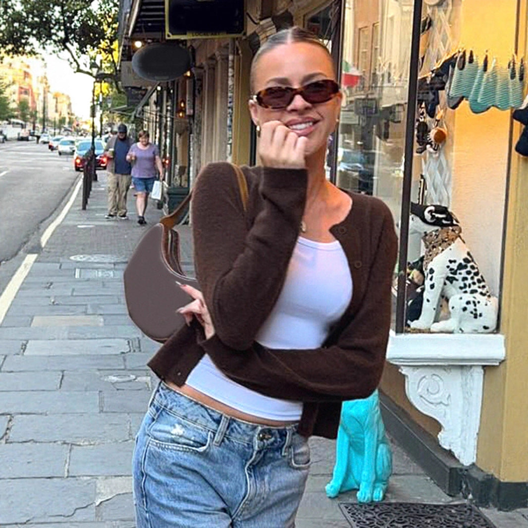 American simple style solid color breasted crew neck woven cardigan autumn and winter new lazy casual versatile slim short coat