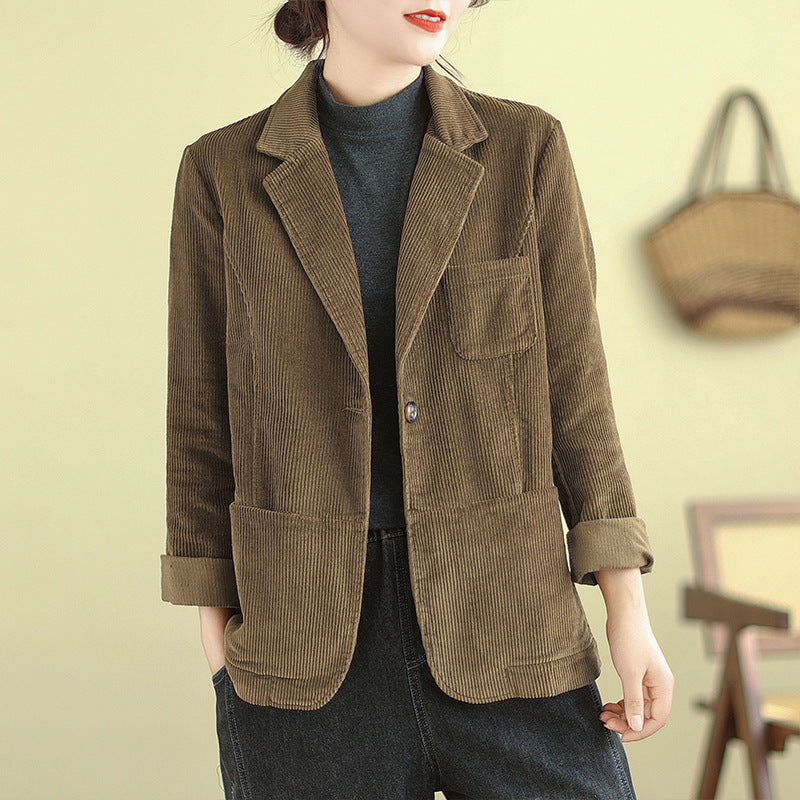 Real shot 2025 spring new casual solid color corduroy women's long-sleeved jacket small suit #9509