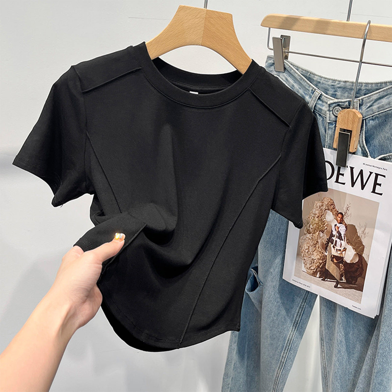 Crew neck short-sleeved front shoulder thin fishbone shirt 2026 summer new irregular inner bottom T-shirt women's top