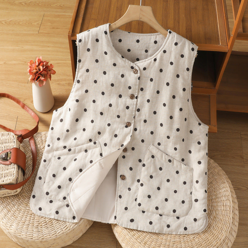 Real shot 2025 autumn and winter new polka dot cotton and linen cotton clothes vest warm literary and retro cotton padded vest short jacket