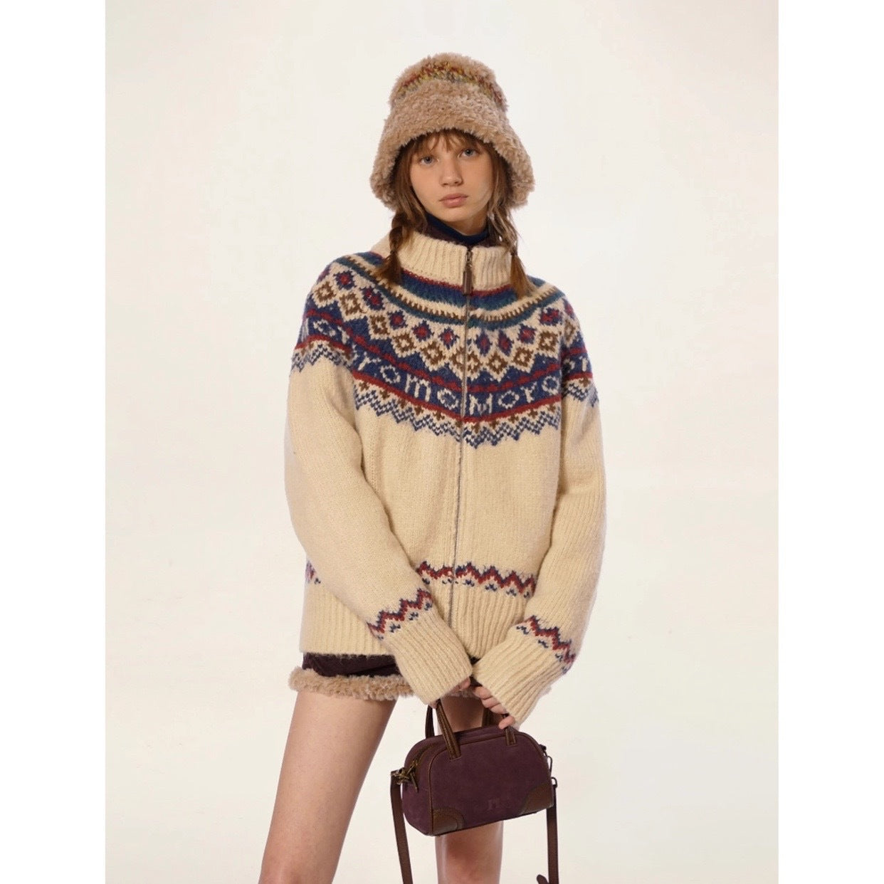 Moromoro Fair Island sweater women's autumn new vintage college style lazy style turtleneck knitted cardigan jacket