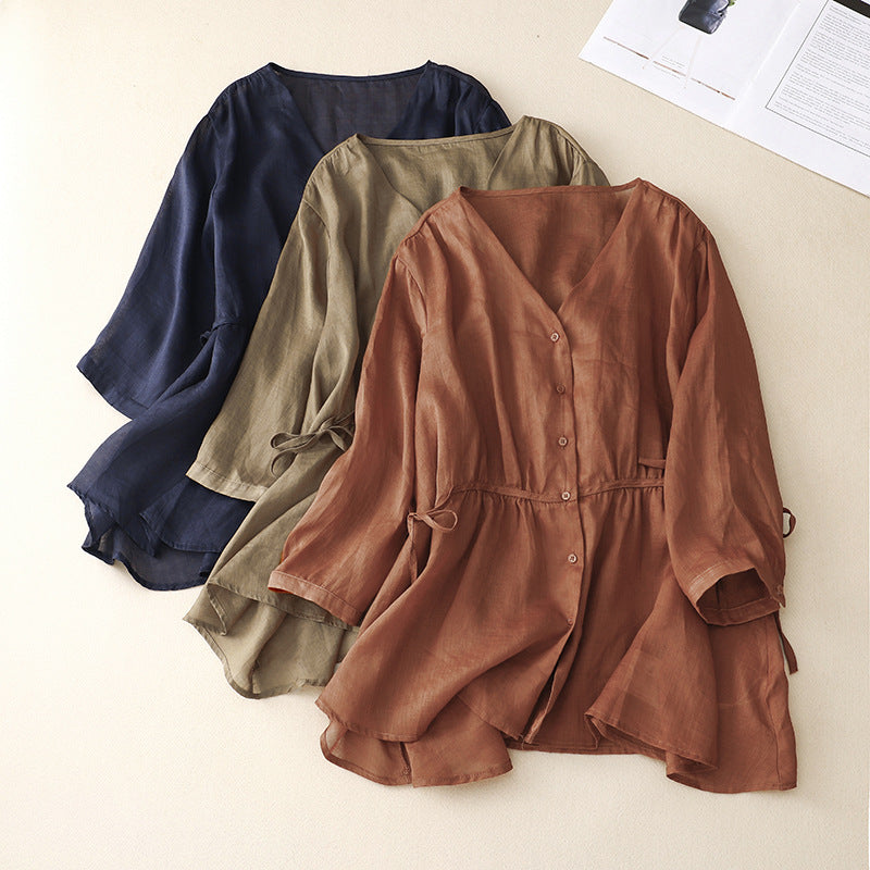 2024 summer thin cotton and linen solid color simple cardigan loose and thin vest top women #2290