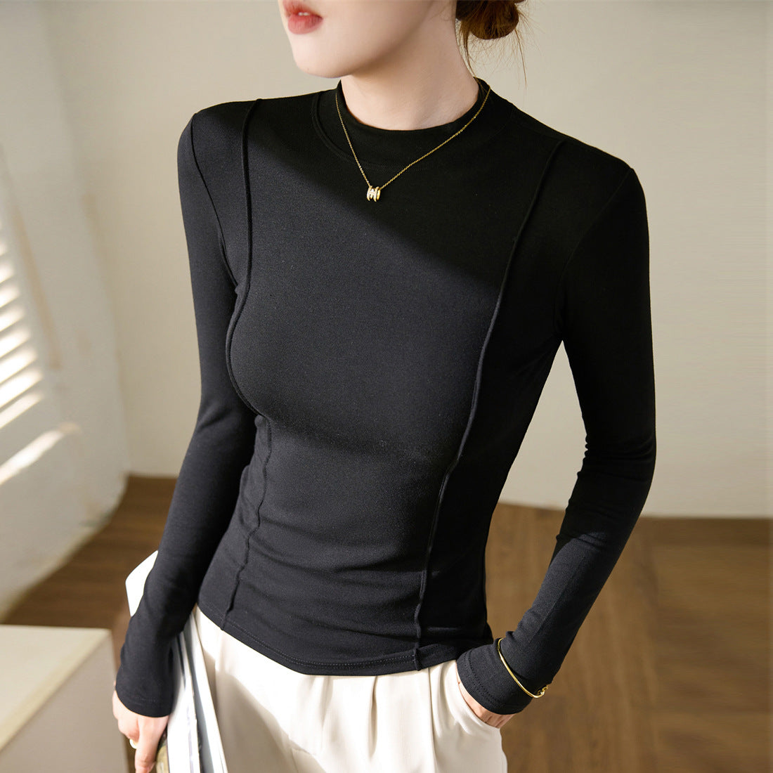 Maillard, high elastic and skin-friendly high-end design sense new small stand-up collar T-shirt women's autumn long-sleeved bottoming shirt temperament top