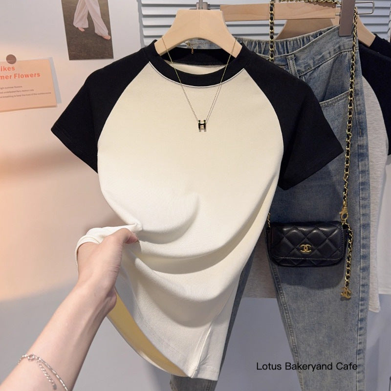 Gray versatile small stand-up collar short-sleeved T-shirt women's 2025 summer new Korean version slim and thin ice silk t-shirt top