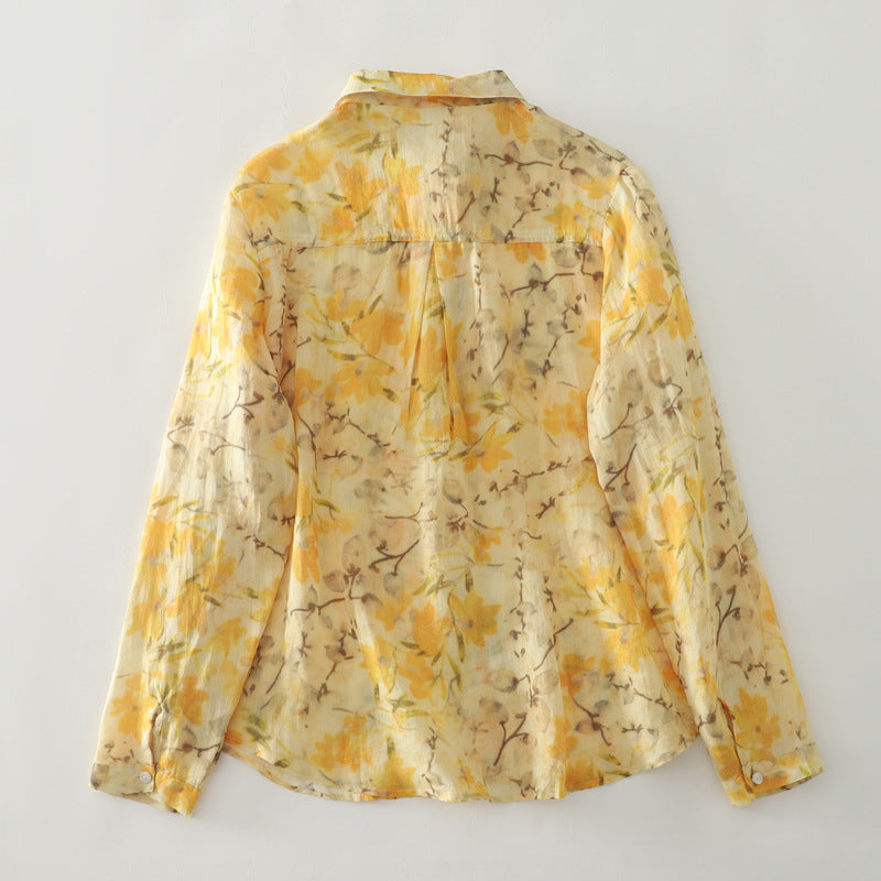 Real shot 2025 autumn new yellow floral French literary loose printing shirt top women