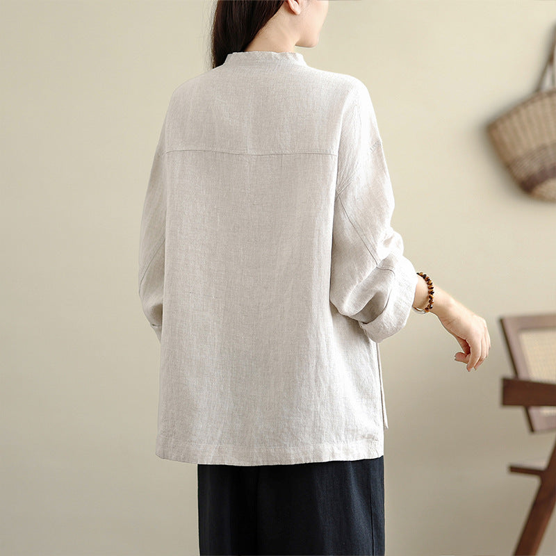 Real shot 2025 autumn new cotton and linen literary loose tooling round neck simple casual top jacket women