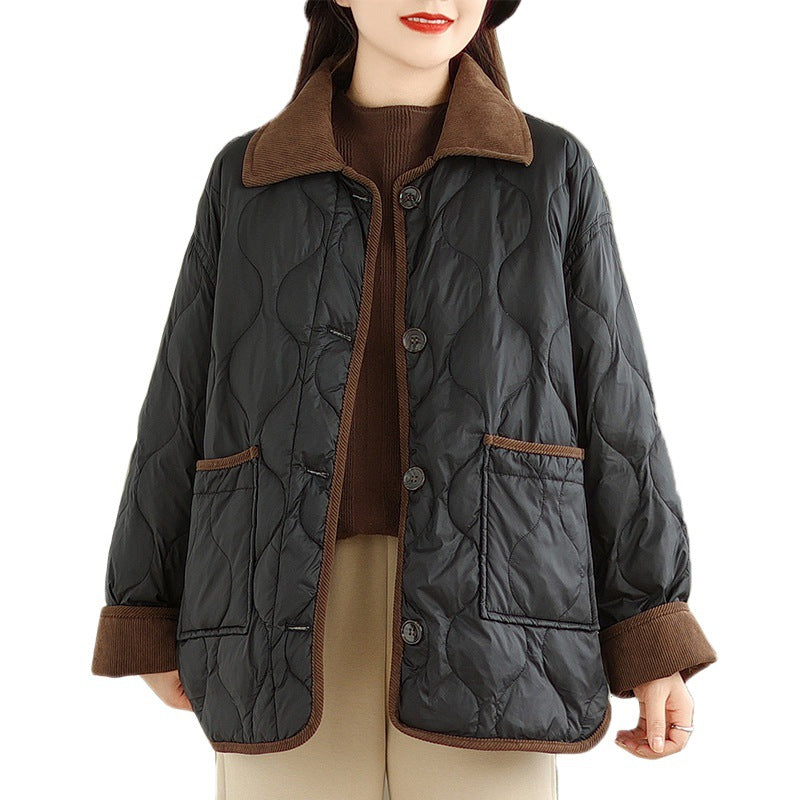 Real shot 2025 autumn and winter new light and short contrasting color lapel rhombus padded jacket women's cotton-padded clothes #1026
