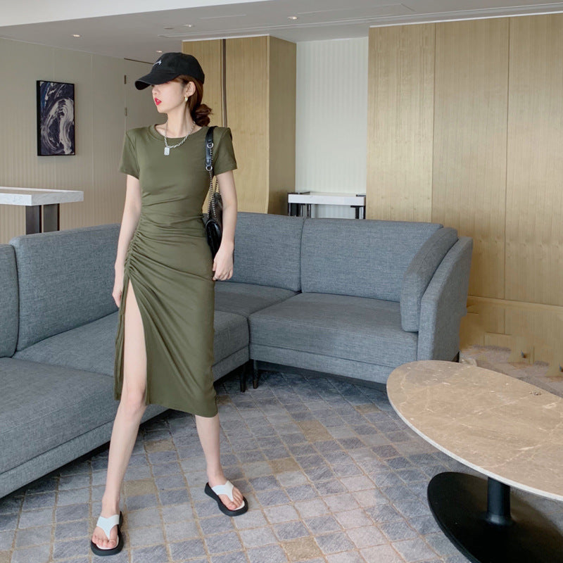 High-quality pure cotton dress women's summer drawstring short-sleeved sexy slit dress slim and thin medium and long knee skirt