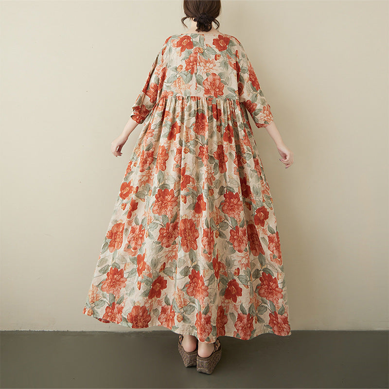 2025 summer new cotton and linen large size literary and retro round neck short sleeve loose foreign trade dress women's clothing