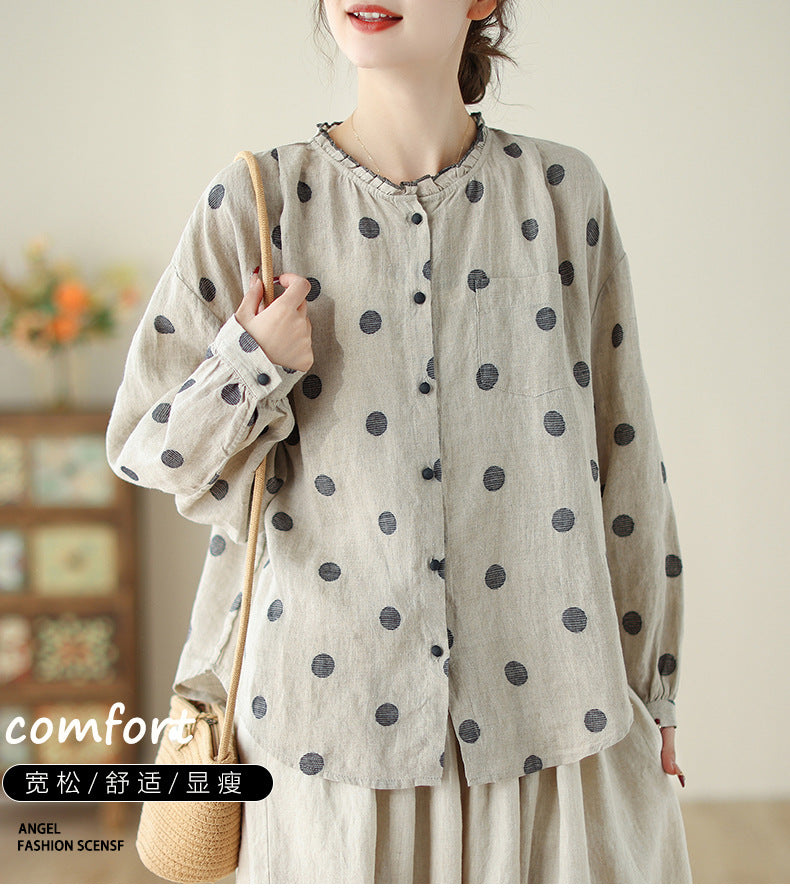 Real shot 2024 autumn new retro national style polka dot cotton and linen long-sleeved fungus collar shirt top women #9076