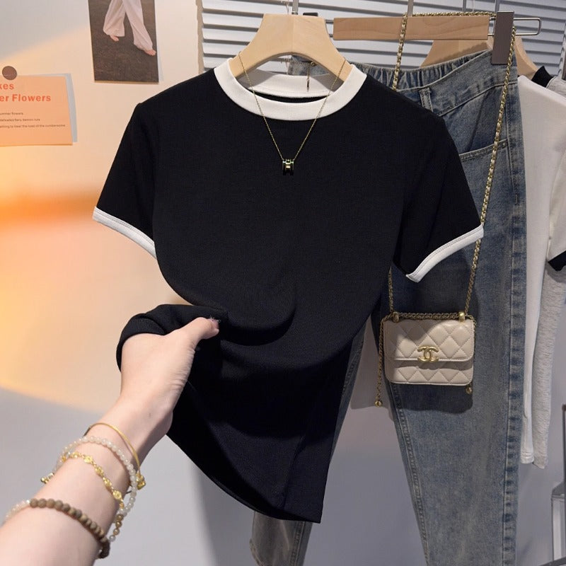 Gray versatile small stand-up collar short-sleeved T-shirt women's 2025 summer new Korean version slim and thin ice silk t-shirt top