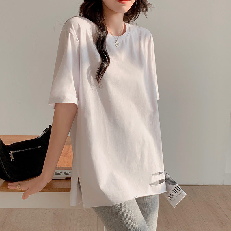 Pure cotton medium and long ripped loose short-sleeved t-shirt women's large size design sense half-sleeve belly cover t-shirt commuter style