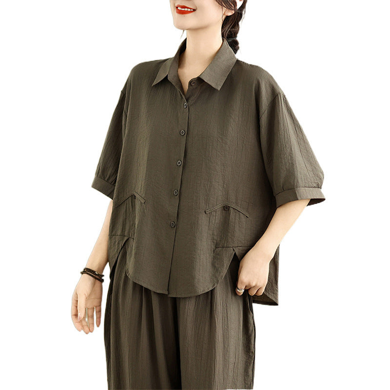 Real shot 2025 summer new literary loose solid color short-sleeved top + Harlan pants set women's two-piece set #0672