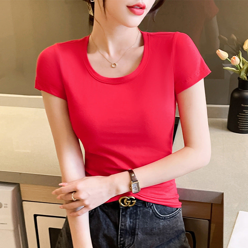 Big red cotton short-sleeved t-shirt women's 2025 super fire age reduction tight this year's popular women's casual versatile top