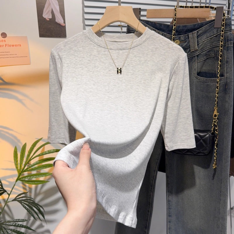 Half-sleeved T-shirt women's five-quarter-sleeved white small stand-up collar medium-sleeved top bottoming shirt spring and autumn 2025 new high-end sense