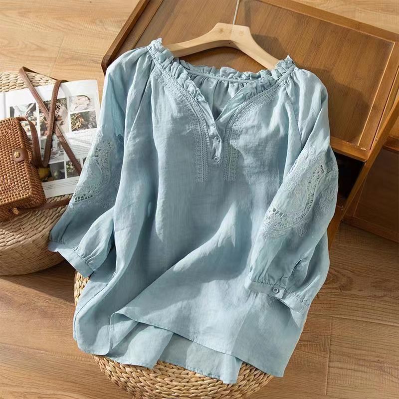 2025 summer new literary loose embroidery flower cotton and linen V-neck seven-quarter sleeve T-shirt women's shirt top #6082