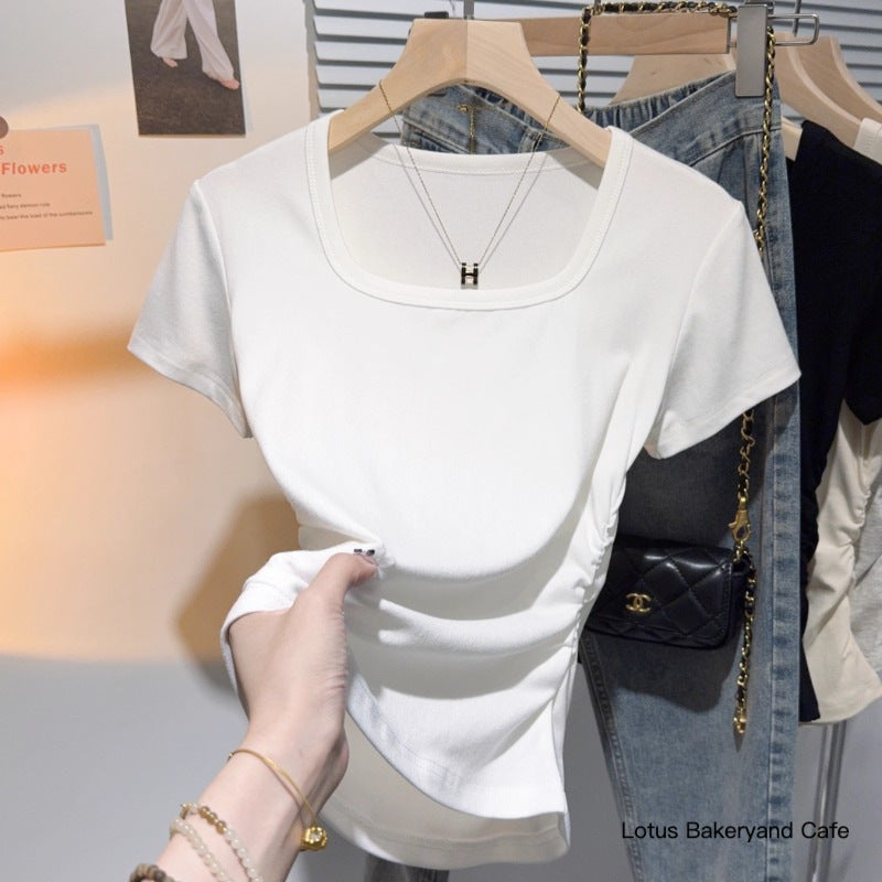 White square neck front shoulder short sleeve T-shirt women's 2025 waist fold pure desire style slim fit Spice girl slim summer top