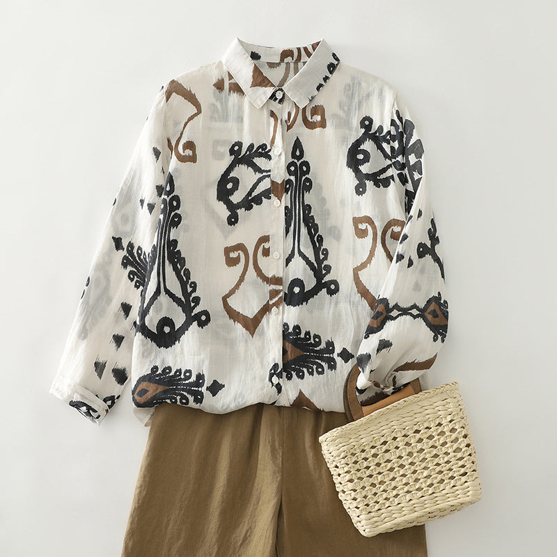 2025 early autumn new cotton and linen literary and retro loose printing long-sleeved shirt top women