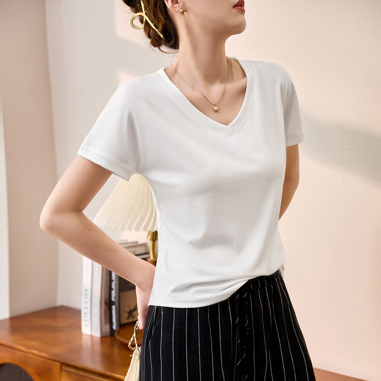 #Tencel lyocell cotton, Zhen quality #loose and thin white short-sleeved t-shirt women's summer new V-neck versatile top