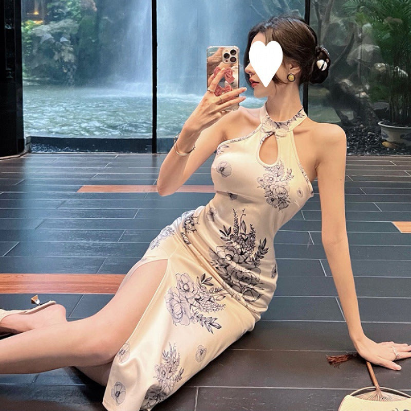 Improved cheongsam, young temperament, retro printing, daily wear, medium and long sexy hip-wrapped dress, summer