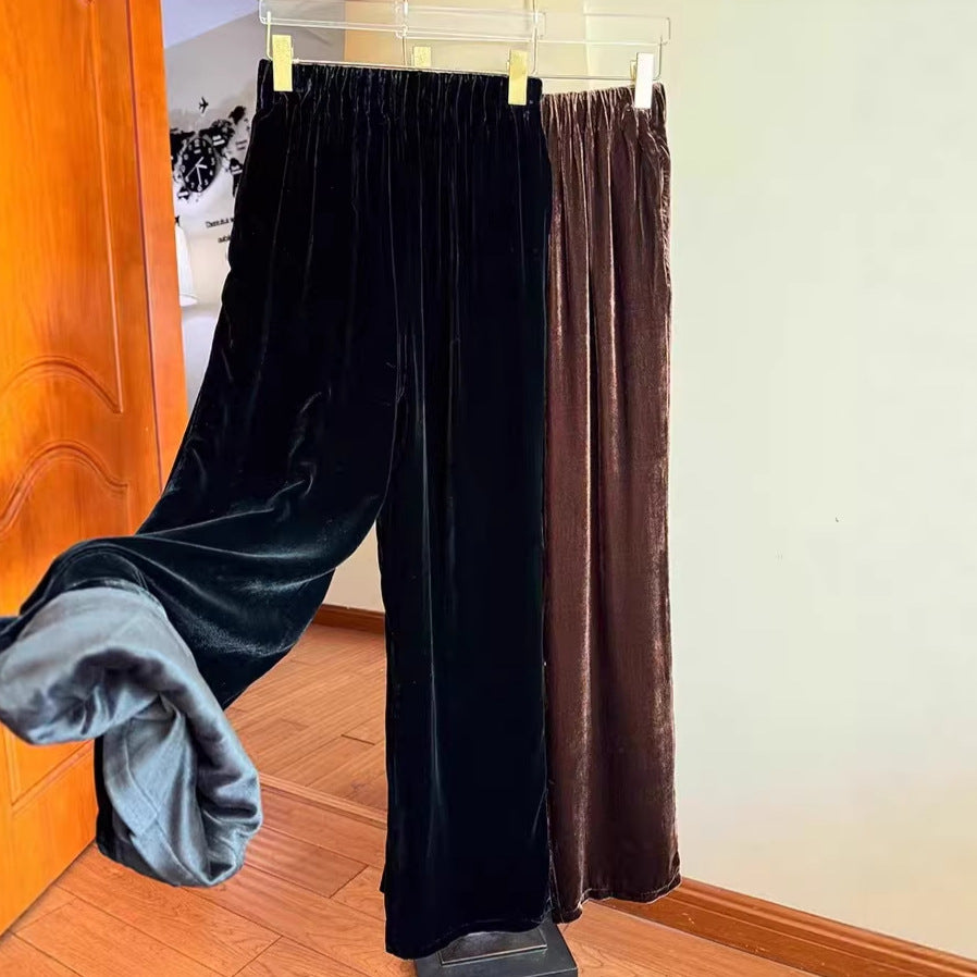 Spring and Autumn Lady Silk Velvet Wide Leg Pants! Autumn and Winter High Waist Skinny Temperament Warm Noble Straight Pants Long Pants
