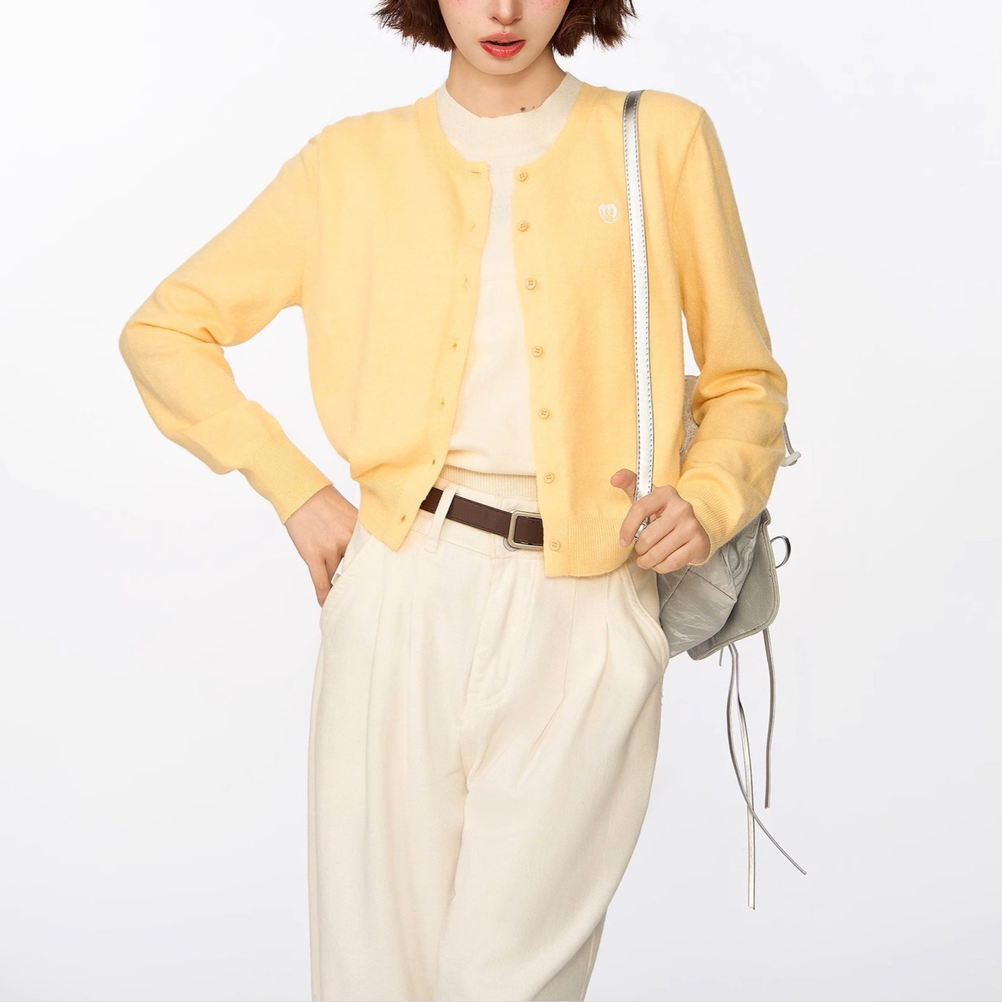 Goose yellow fake two-piece sweater knitted sweater women's spring and autumn short style with backing wool top cardigan jacket