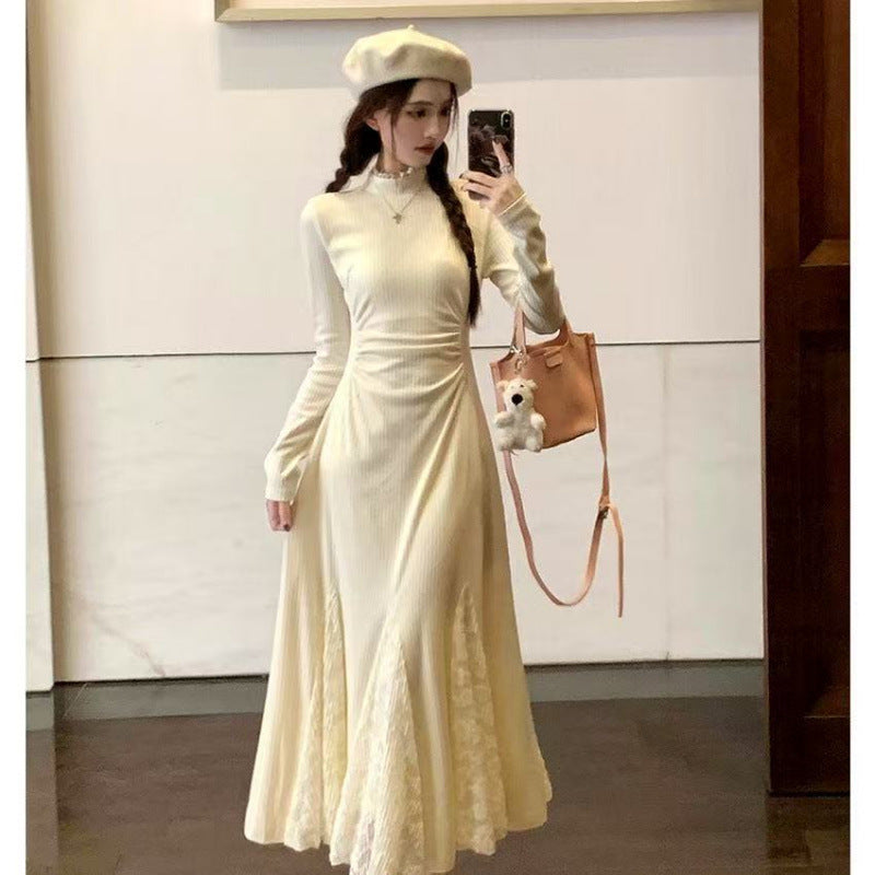 Small knitted dress autumn and winter long-sleeved lace splicing fishtail skirt waist half-high neck inner skirt