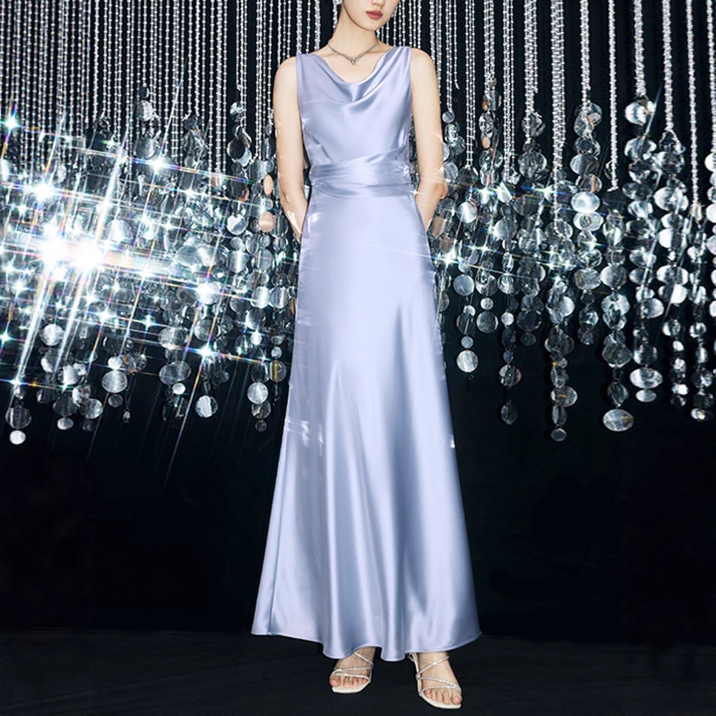 Haute couture imported acetic acid light luxury swinging collar summer temperament celebrity style royal sister feeling glossy pleated waist dress