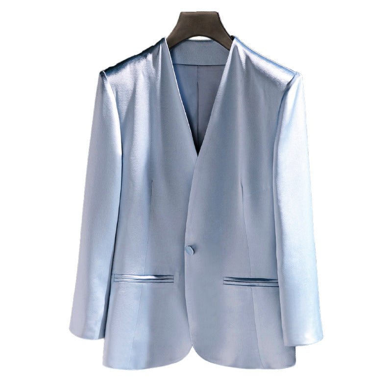 Summer new Muse Fan high-end niche design acetic acid thin short white collarless small blazer women