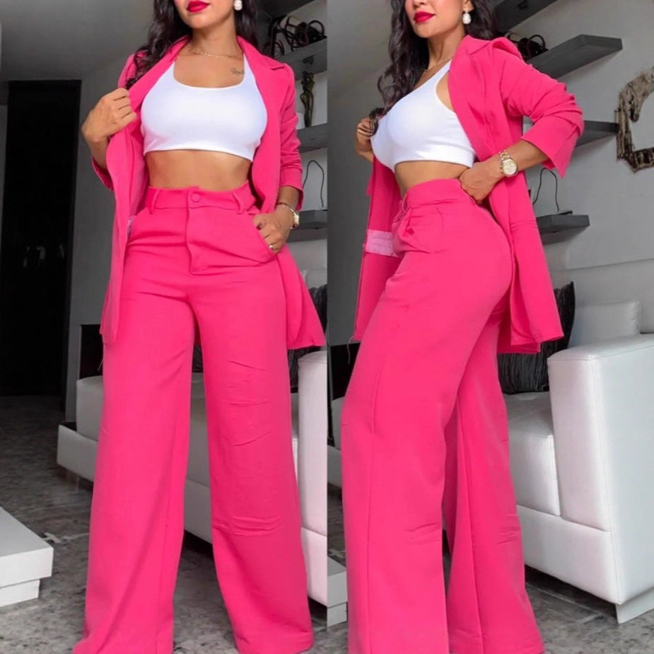 Cross-border 2025 European and American foreign trade summer women's clothing temperament elegant solid color split sleeve lapel suit straight pants suit women