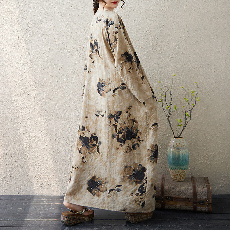 Real shot 2025 autumn new French long-sleeved sunscreen v-neck thin cotton and linen printing loose and thin dress women