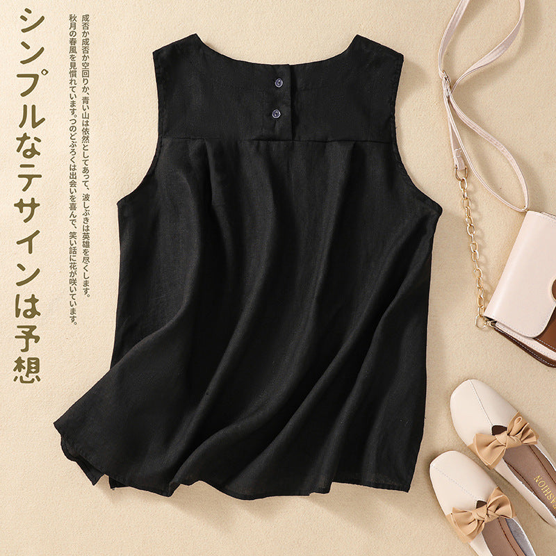 Real shot 2025 summer new literary loose solid color cotton and linen round neck sleeveless T-shirt women's vest top 9288 #