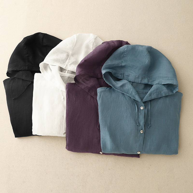 Real shot 2025 summer cotton and linen large size hooded loose long sleeve breathable sunscreen jacket air conditioner shirt women's clothing