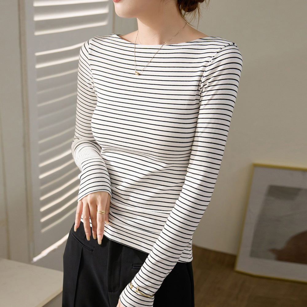 Premium retro one-word neck striped T-shirt women's long-sleeved 2026 autumn and winter new slim-fit pure cotton bottoming shirt top