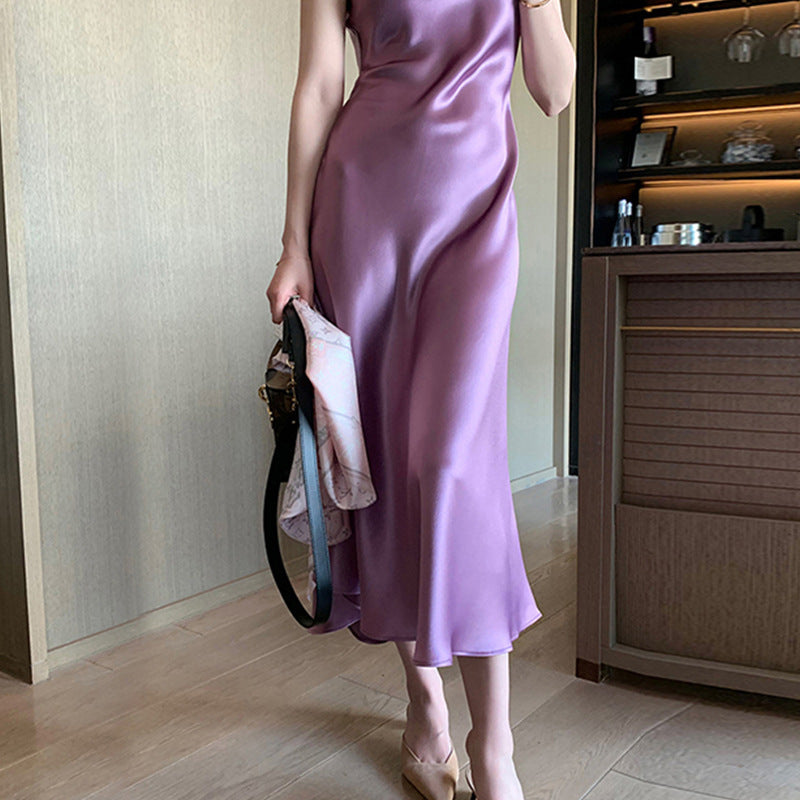 2025 spring and summer swing neck acetic acid dress medium and long high-end satin silky temperament Muse new suspender dress