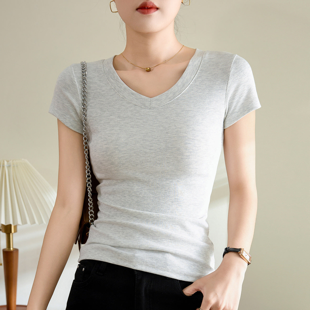 [High quality & selection of pure cotton] V-neck T-shirt women's short-sleeved 2026 summer new thin top bottoming shirt
