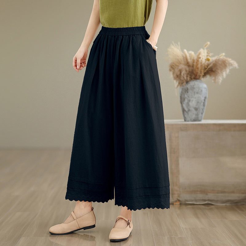 Real shot 2025 summer new Mori women's cotton and linen washed lace wide-leg pants loose and thin casual pants women
