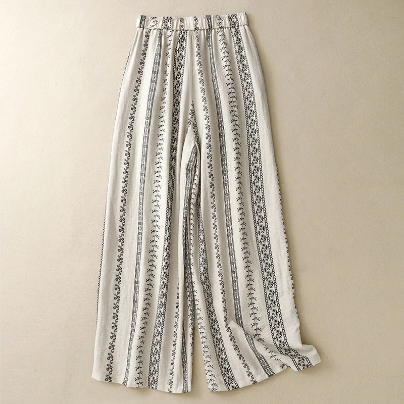 In the summer of 2025, the new printed cotton and linen literary loose and drape casual wide-leg pants for women